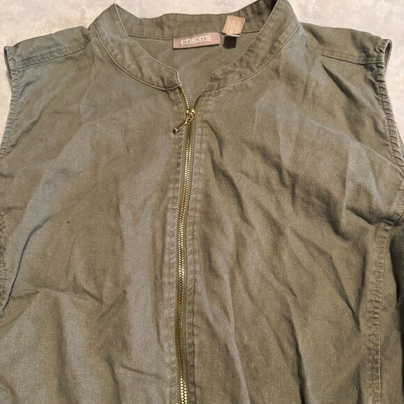Chicos Linen Blend Utility Vest Full Zip Green Sz 3/XL safari lightweight - Picture 3 of 6